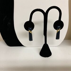 Monet Gold Tone Metal and Dark Navy or Black Enamel Clip-On Earrings Vintage